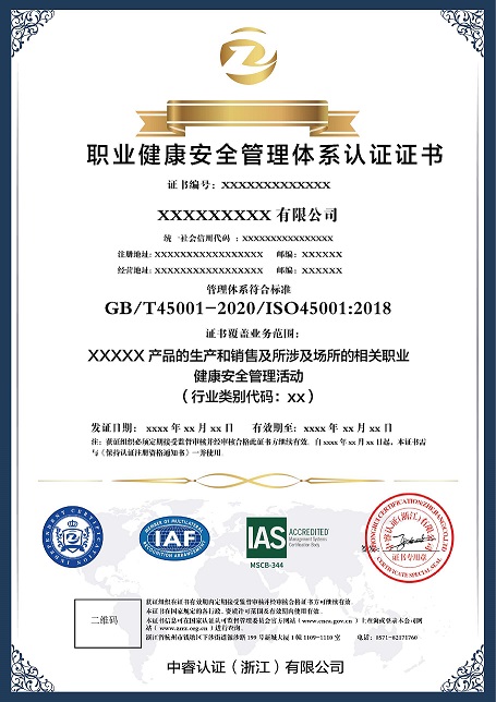 ISO45001證書樣本